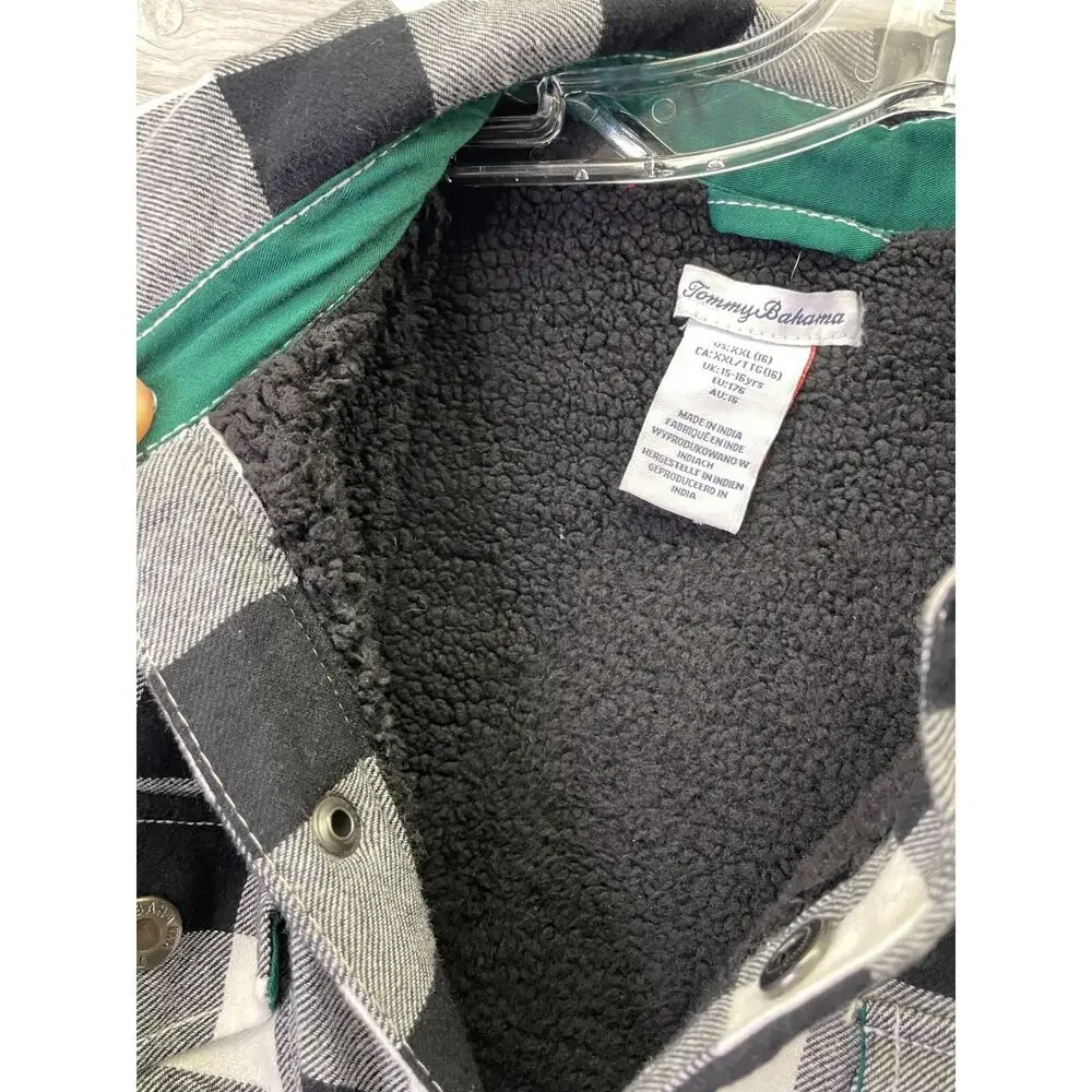 Tommy Bahama Flannel Kids XXL 16 Black White‎ Buffalo Check Sherpa Lined